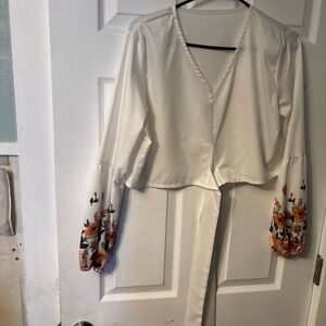 Crop White Blouse with Floral Sleeves